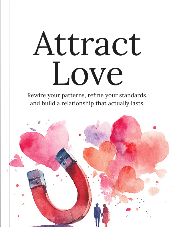 Cover of the ebook Attract Love: a soft watercolor design in blush and coral with the title in a large serif typeface.